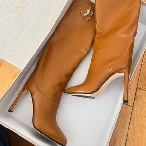 Jimmy Choo Tan Leather Mahesa 100 Knee Length Boots Size35